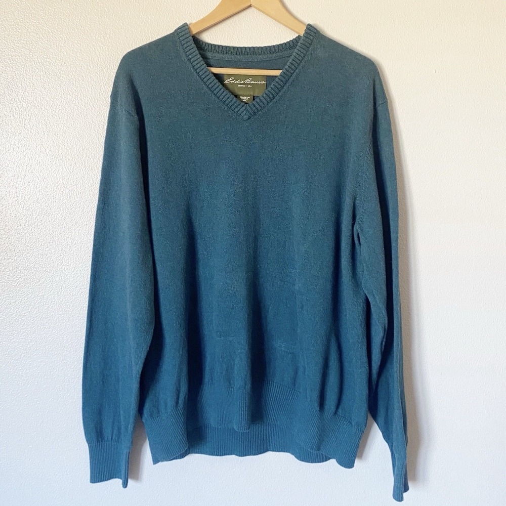 Eddie Bauer Cotton Cashmere Sweater  V-Neck Teal Blue Green Men's Size XXL